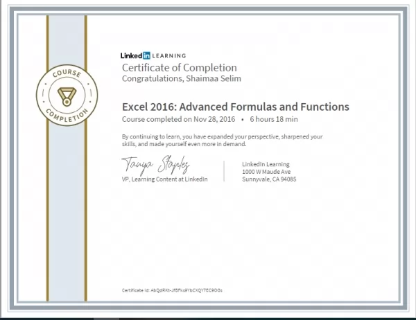 Certificate Of Completion_Excel 2016 Advanced Formulas And Functions