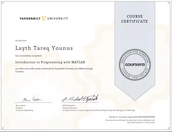 Introduction to Programming with MATLAB Certificate