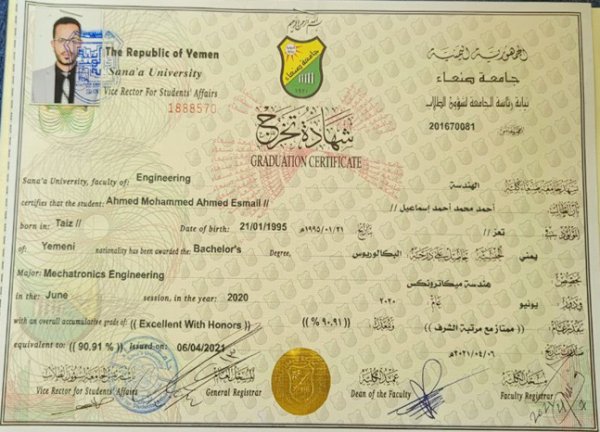 Bachelor’s degree in Mechatronics Engineering with Excellence and “Honors”