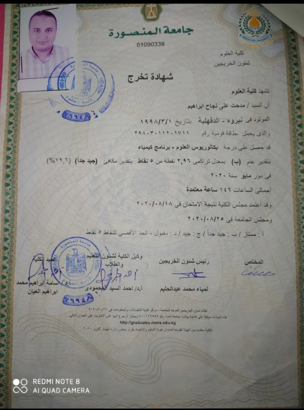 شهادة التخرج من كلية العلوم جامعة المنصورة 